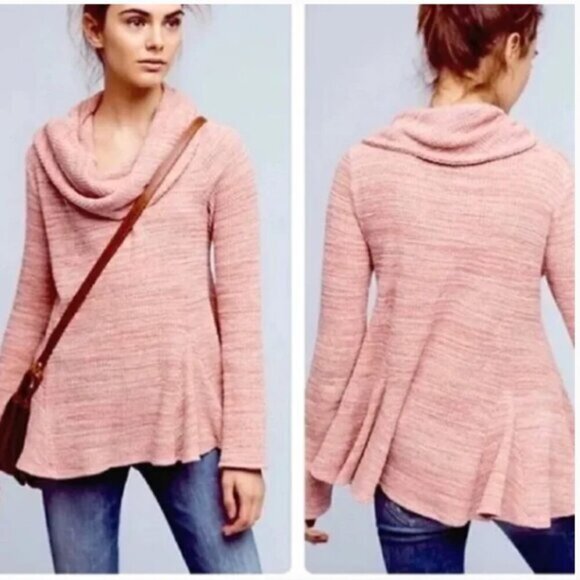 Anthropologie Postcard pink waffle thermal print Maurisa cowl neck top - Picture 1 of 6